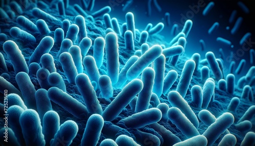 close-up view of numerous 3D-modeled bacteria with a vibrant blue color