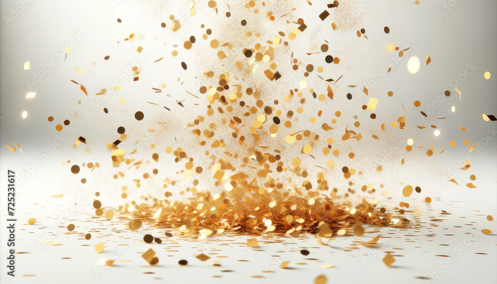 gold confetti scattering in the air with a focus on a few larger pieces against a pure white background