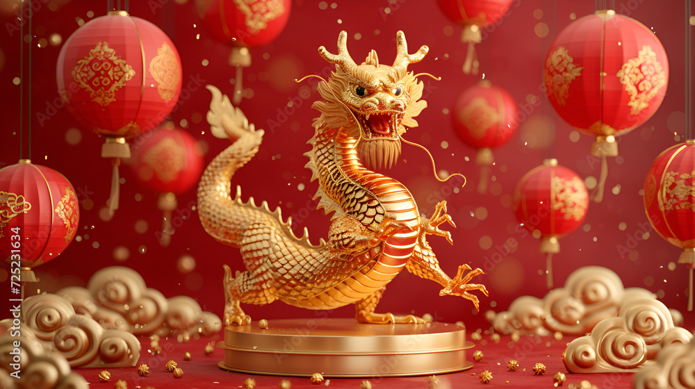 Dragon 3D chinese 2025 year gold new lunar cny podium.  generative ai