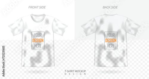 T-shirt 3d realistic mock up, male transparent mesh t-shirt vector template front back view, blank apparel design for men, sportswear, casual clothing