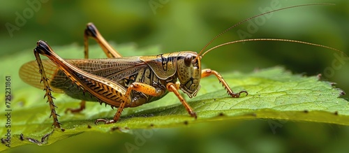 The cricket sat on a leaf, belonging to the Orthoptera order. © 2rogan