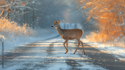 Deer run across road in early morning, generative ai
