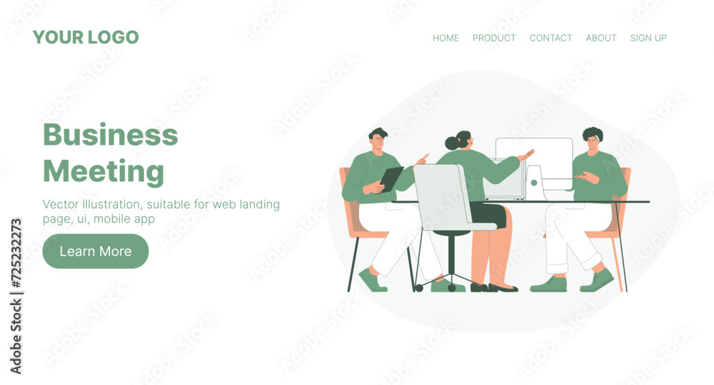 Business Meeting. Web Landing Page Design. Flat Cartoon Vector Illustration. Vector illustration, suitable for web landing page, ui, mobile app. Business Meeting. Web Landing Page Design. Flat Cartoon Vector Illustration. Vector illustration, suitable for web landing page, ui, mobile app.