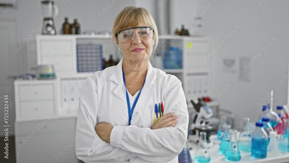 Smiling blonde scientist in midlife oozes confidence, arms crossed standing in lab, basking in the glow of groundbreaking research Smiling blonde scientist in midlife oozes confidence, arms crossed standing in lab, basking in the glow of groundbreaking research