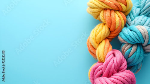 Colorful cotton rope toys for cat puppy dog on light background, generative ai photo