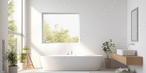 White bathroom with bathtub, sink, mirror, and window inside a house. © Vusal