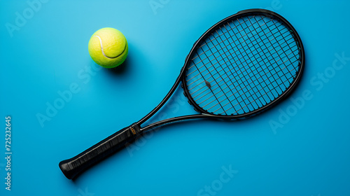 Black tennis racket with tennis ball on blue background. Generative Ai © Saleem