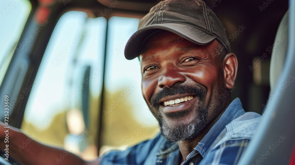 Smiling truck driver enjoying journey on road. Professional occupation. Smiling truck driver enjoying journey on road. Professional occupation.