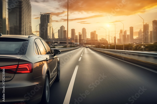 car on the road with cityscape background at sunset, 3d render