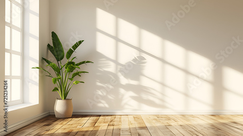 Contemporary Interior Mockup: A Bright, Empty Space Featuring White Walls, Wooden Floors, and a Green Potted Plant, Bathed in Sunlight Streaming Through the Window..generative ai