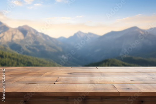 Wooden table top on mountain background. For montage product display