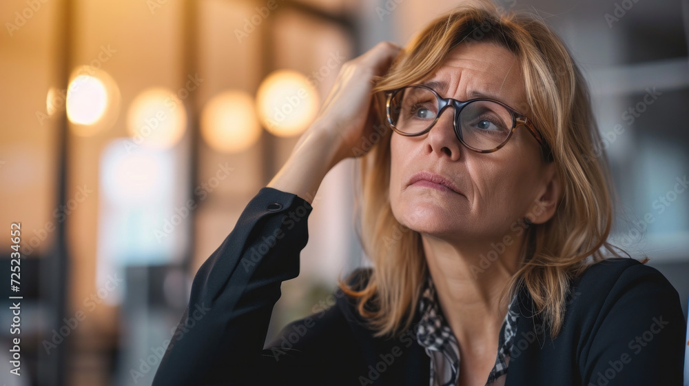 Worried business woman contemplating in office setting. Workplace stress management. Worried business woman contemplating in office setting. Workplace stress management.