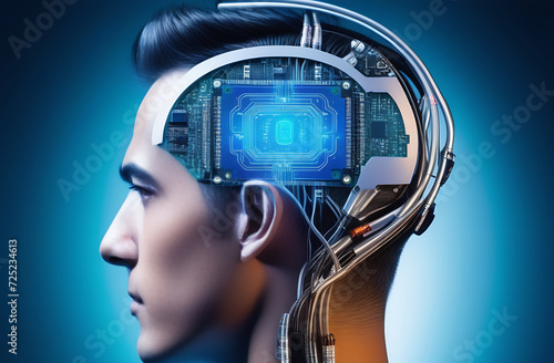 An implanted neurochip in the human brain, a humanoid robot, a robotic person.The profile of a human head with a chip