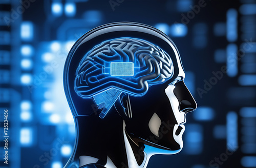 An implanted neurochip in the human brain, a humanoid robot, a robotic person.The profile of a human head with a chip