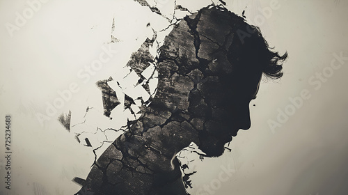 Silhouette of sad tired young man in profile, crashed, divided into many parts. Depression, conflict, emotions, crisis, fractured identity, emotional turmoil, vulnerability, relationship breakdown.