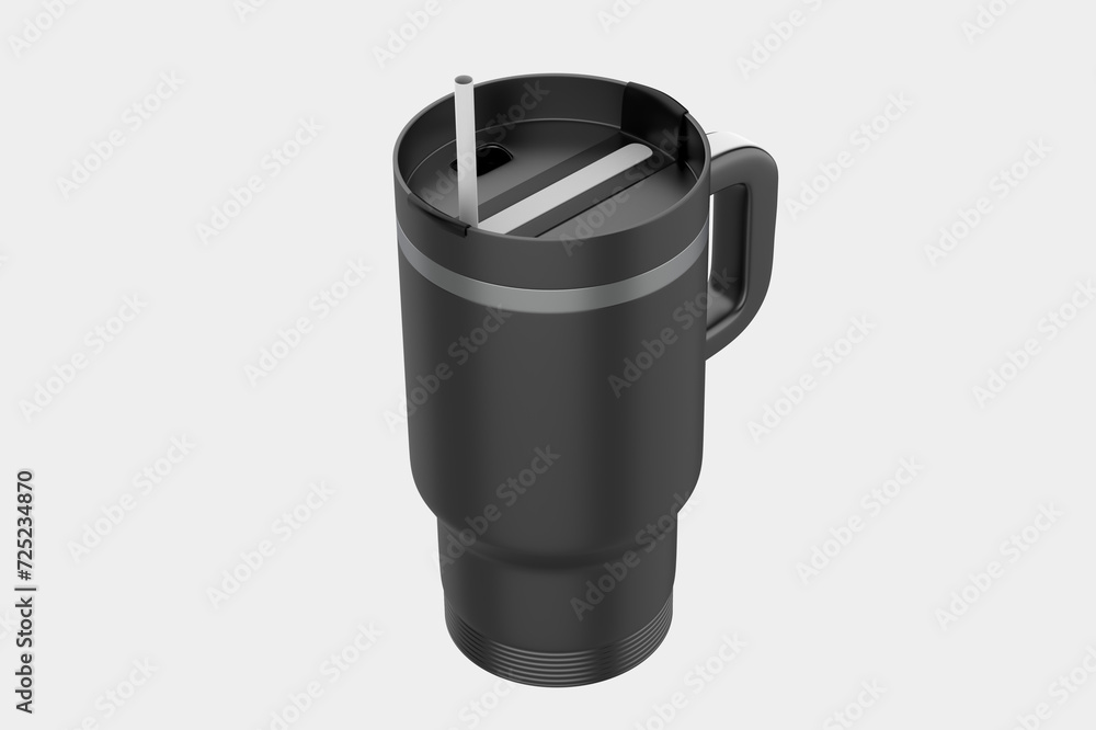 stainless steel tumbler and mug vacuum insulated double wall travel cup with lid isolated on white. 3d illustration stainless steel tumbler and mug vacuum insulated double wall travel cup with lid isolated on white. 3d illustration