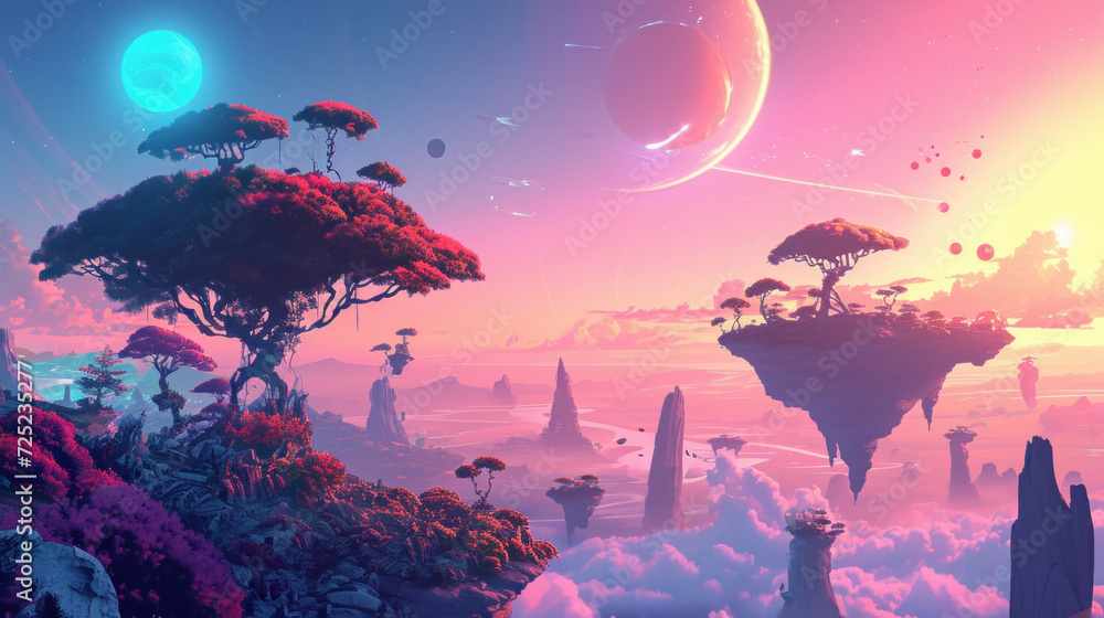 Fototapeta premium Fantasy landscape with floating islands and alien flora. Fantasy worlds.