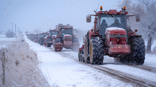 Row of tractors drives along the road, surrounded by snow-covered fields. Agricultural workers go to protest rally against tax increases, changes in law, abolition of benefit. generative ai