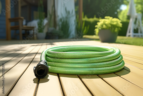 Garden hose with on a wooden deck in the garden. photo