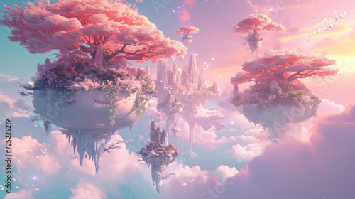 Floating fantasy islands with ethereal pink trees in dreamy sky. Fantasy world concept.