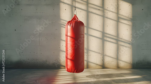 Red Punching Bag Hanging In Room Sport Active Lifestyle, Generative Ai © Saleem