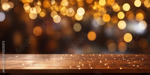 Empty wooden table with festive bokeh and light spots in front.
