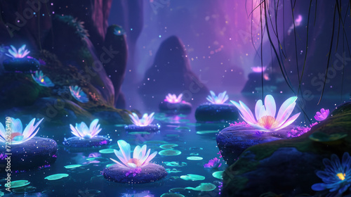 Enchanted lotus flowers glowing in mystical fantasy pond. Magical nature scene.