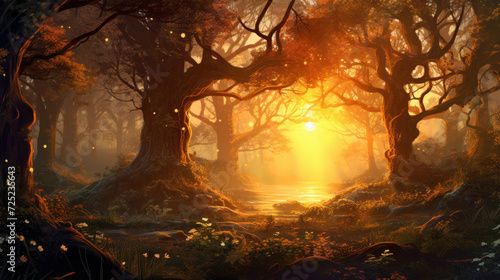 Enchanted forest scene with sunlight piercing through trees. Fantasy landscape.