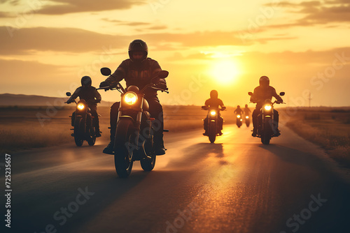 Silhouette of group of motorcyclists on road at sunset photo