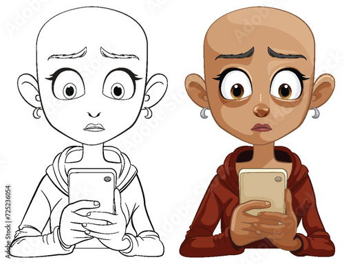 Cartoon illustration of girl reacting to phone content