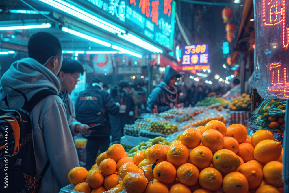 Night market scene with fresh oranges on display and shoppers. Urban street life.