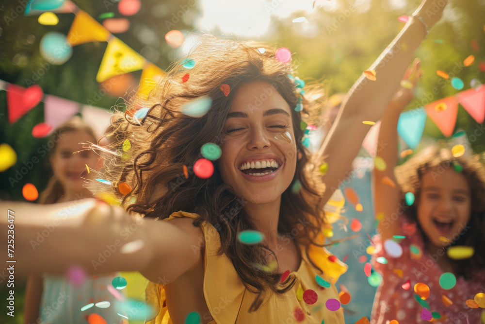 Obraz premium Joyful woman celebrating at outdoor party with colorful decorations. Festive event and happiness.