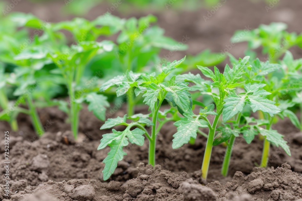 Seedlings of tomato plants in the garden. Peaceful Organic Garden
Seedlings of tomato plants in the garden. Peaceful Organic Garden