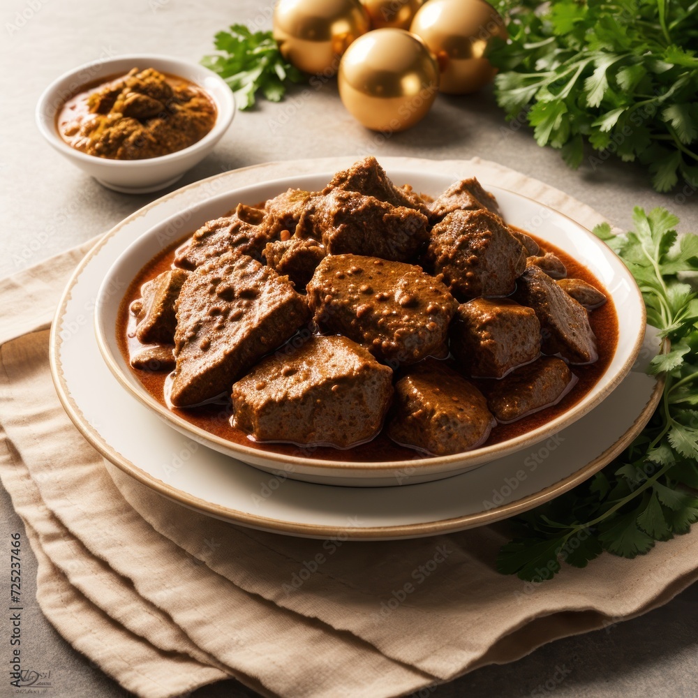 Spicy Homemade Meat Curry with Herbs and Golden Ornaments Spicy Homemade Meat Curry with Herbs and Golden Ornaments