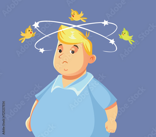 Overweight Guy Feeling Dizzy and Nauseated Vector Cartoon illustration. Person with obesity and blood high pressure suffering from vertigo
