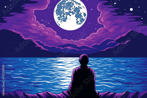 A serene image that captures a man calmly gazing at a river in the calm hues of a purple evening. A mental health retreat in nature fosters calmness and peace of mind.