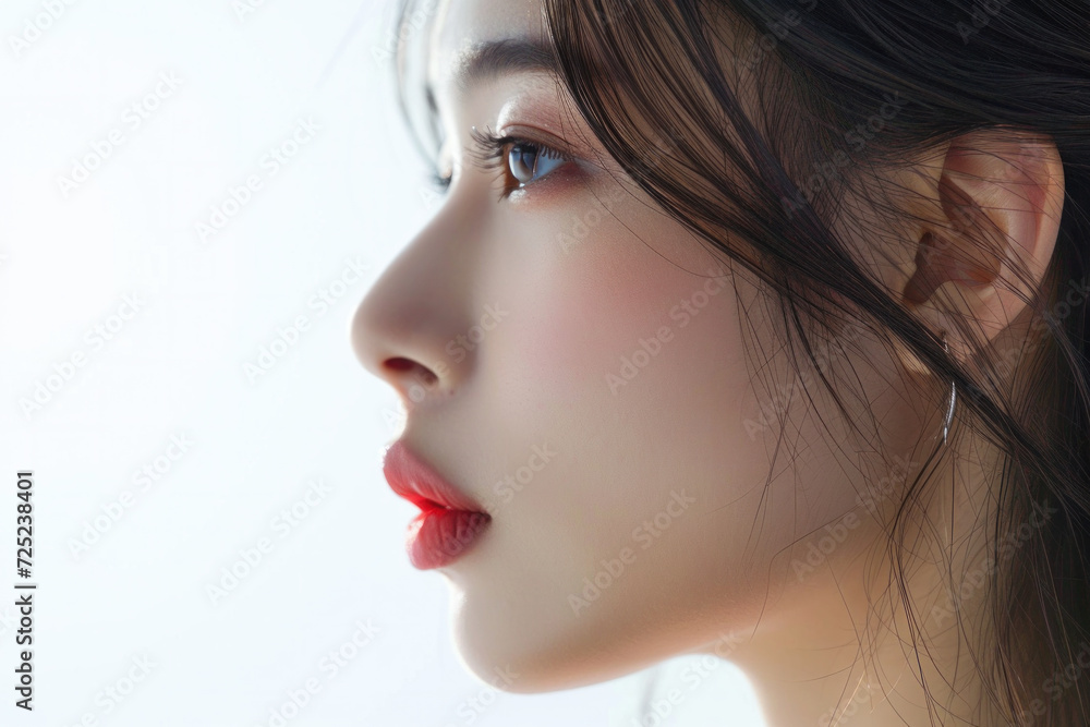 Profile of young woman with natural makeup and clear skin. Beauty and skincare. Profile of young woman with natural makeup and clear skin. Beauty and skincare.