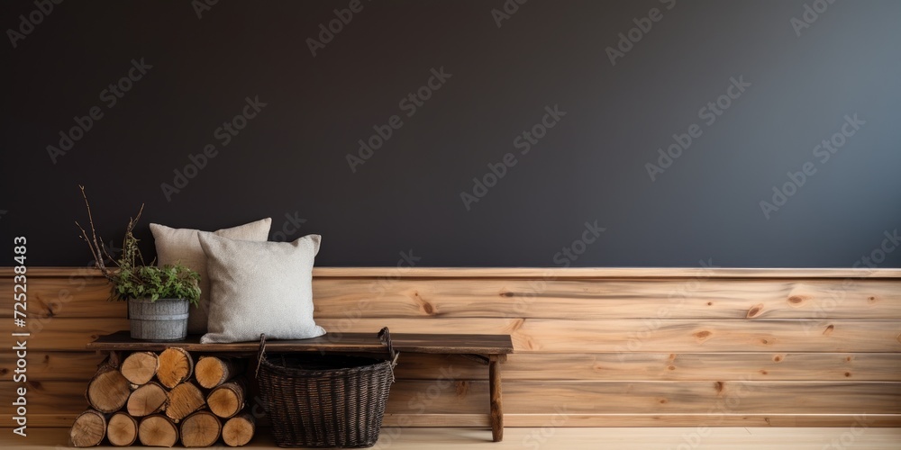 Corner of room has wooden bench with black basket holding fir and firewood beneath it. Corner of room has wooden bench with black basket holding fir and firewood beneath it.