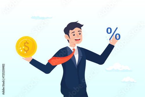 Businessman holding dollar money coin and percentage, lending, mortgage or loan interest rate, financial credit, economy growth or income tax calculation, debt or financial credit, investment (Vector)
