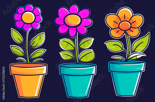 Set flowers with leaves in pot on dark background. Gardening concept. Cartoon minimal style flowerpot for house
