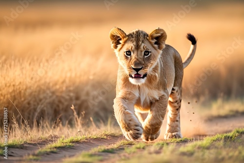 Lion cub running, portrait of wild animals in natural. africa © pornpun