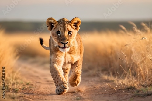 Lion cub walking, portrait of wild animals in natural.  © pornpun