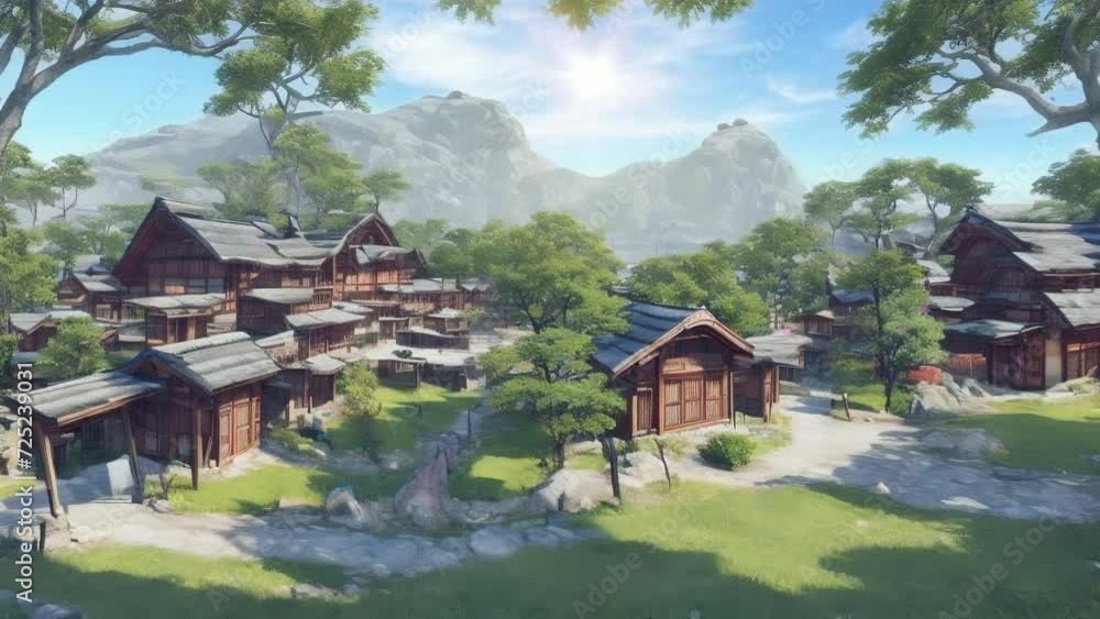 Animated scene of a Japanese village on a mountainside. Beautiful natural scenery in a traditional village Animated scene of a Japanese village on a mountainside. Beautiful natural scenery in a traditional village