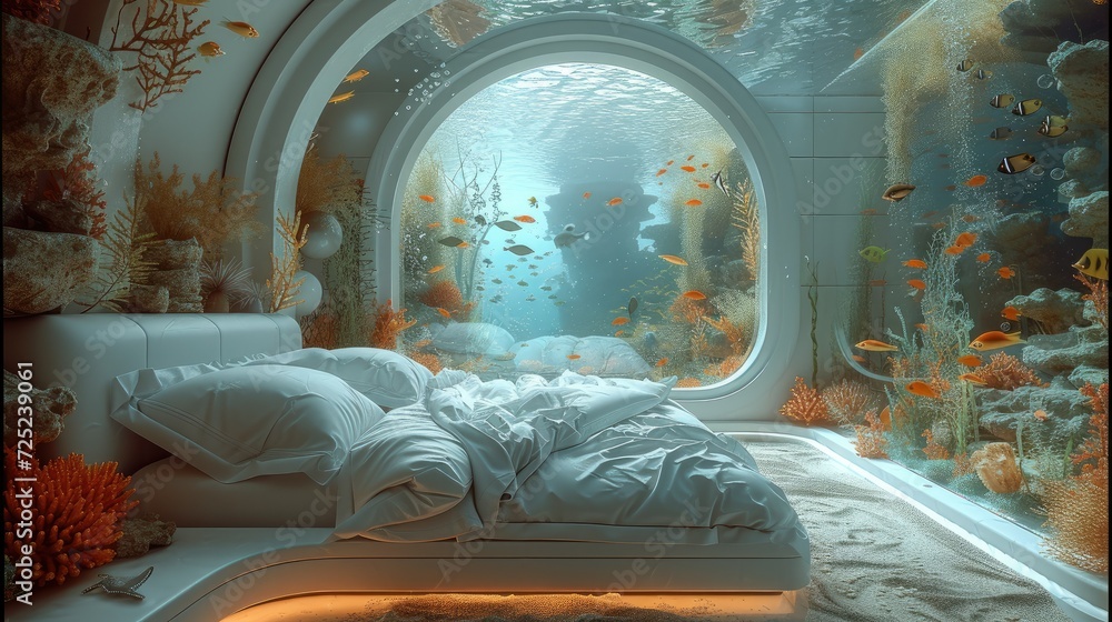 Incredible futuristic underwater bedroom, big panoramic view of the tropical fishes and reef. Generative AI. - obrazy, fototapety, plakaty 
