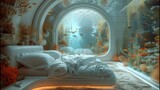 Incredible futuristic underwater bedroom, big panoramic view of the tropical fishes and reef. Generative AI.
