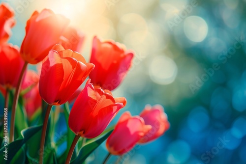 Beautiful spring background bright red tulips