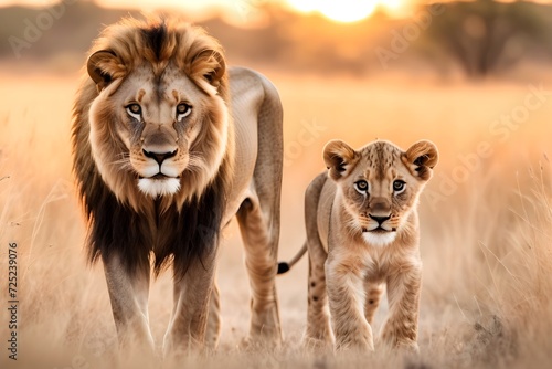 Lion and lion cub is standing, portrait of wild animals in natural. africa