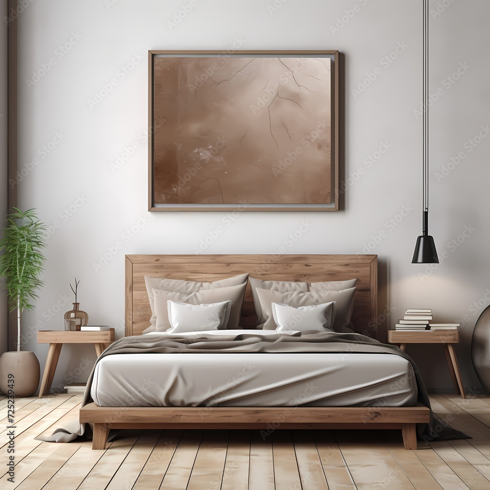 wooden frame mockup in a modern dark wood color bed room