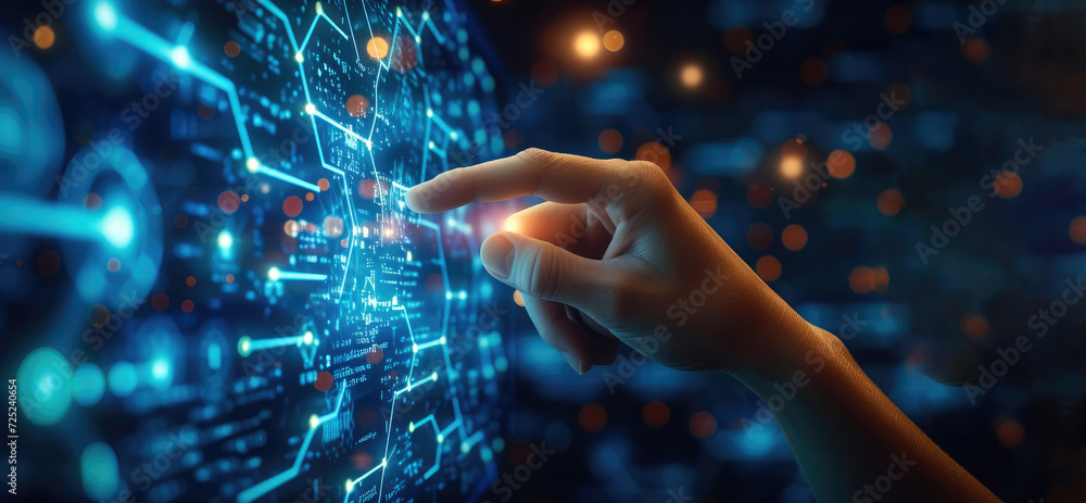 Hand pointing to digital images on the screen, in the style of abstract structures, navy and azure, busy compositions, scientific diagrams, molecular. Generative AI. Hand pointing to digital images on the screen, in the style of abstract structures, navy and azure, busy compositions, scientific diagrams, molecular. Generative AI.