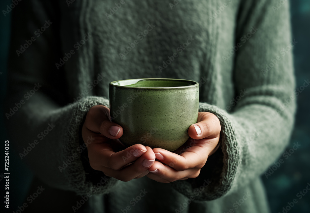 a woman in a green sweater holding a green coffee cup a woman in a green sweater holding a green coffee cup